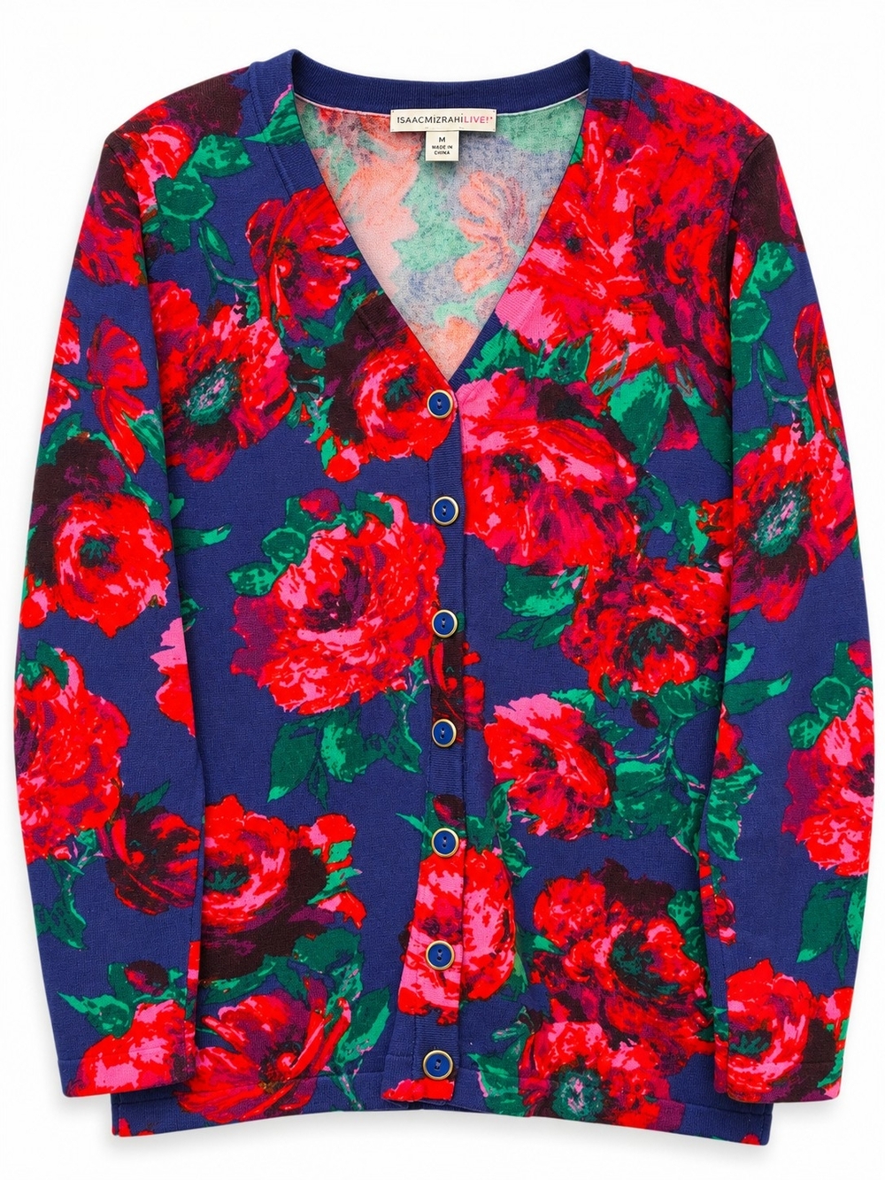 Isaac Mizrahi Live Women’s M Floral Rose Navy Gold Button Cardigan Cotton Blend
